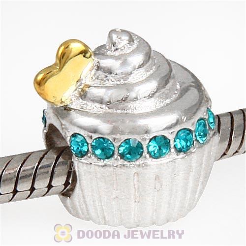 Sterling Silver Golden Heart Cupcake Bead with Blue Zircon Austrian Crystal