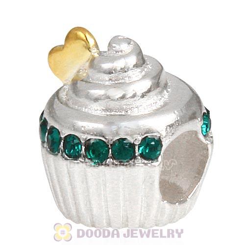Sterling Silver Golden Heart Cupcake Bead with Emerald Austrian Crystal