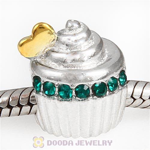 Sterling Silver Golden Heart Cupcake Bead with Emerald Austrian Crystal