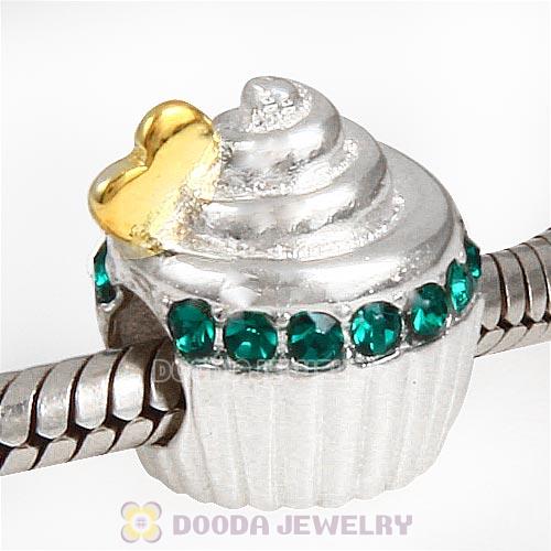 Sterling Silver Golden Heart Cupcake Bead with Emerald Austrian Crystal