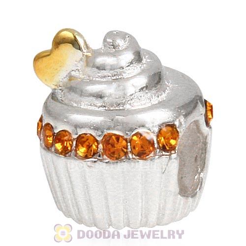 Sterling Silver Golden Heart Cupcake Bead with Topaz Austrian Crystal