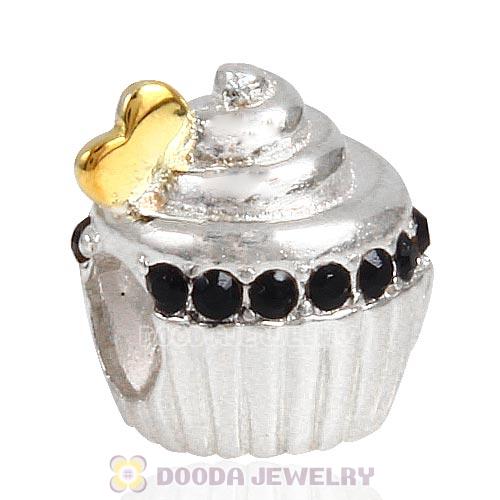 Sterling Silver Golden Heart Cupcake Bead with Jet Austrian Crystal