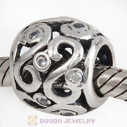 Antique Sterling Silver Ocean Wave Charm Beads with White CZ Stones