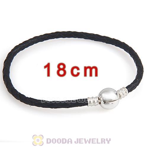 18cm Black Braided Leather Bracelet with Silver Round Clip fit European Beads
