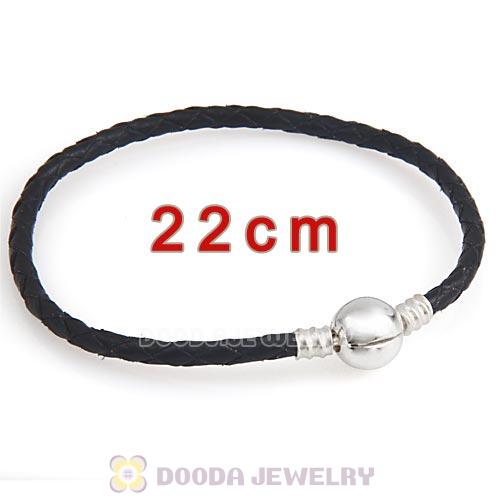 22cm Black Braided Leather Bracelet with Silver Round Clip fit European Beads