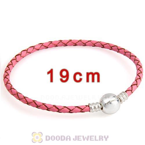 19cm Pink Braided Leather Bracelet with Silver Round Clip fit European Beads