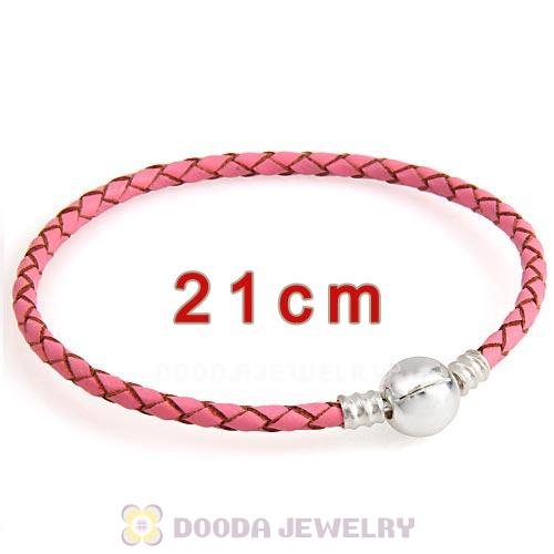 21cm Pink Braided Leather Bracelet with Silver Round Clip fit European Beads