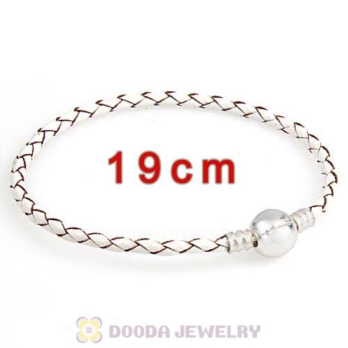 19cm White Braided Leather Bracelet with Silver Round Clip fit European Beads