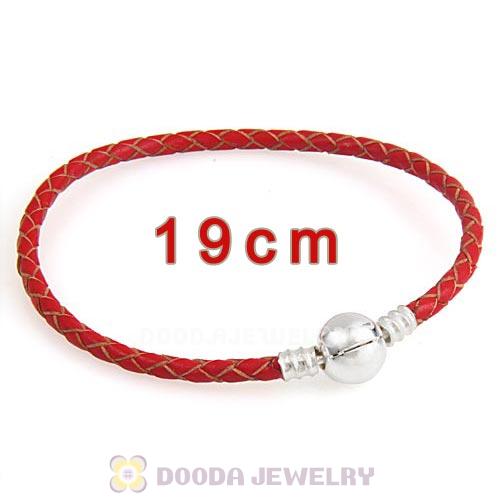 19cm Red Braided Leather Bracelet with Silver Round Clip fit European Beads