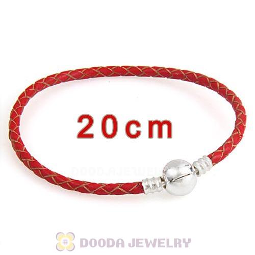 20cm Red Braided Leather Bracelet with Silver Round Clip fit European Beads