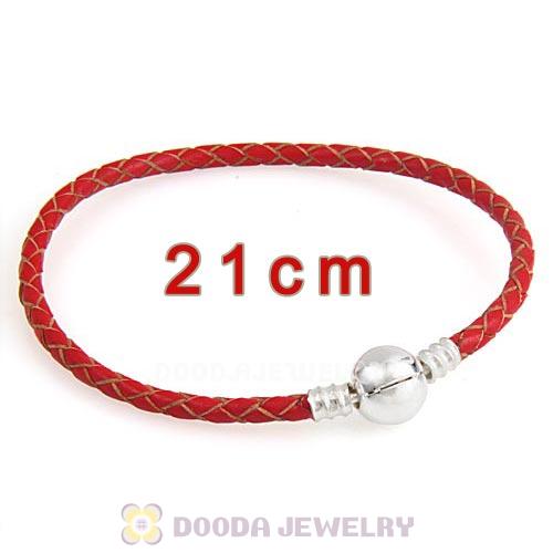21cm Red Braided Leather Bracelet with Silver Round Clip fit European Beads