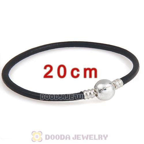 20cm Black Slippy Leather Bracelet with Silver Round Clip fit European Beads