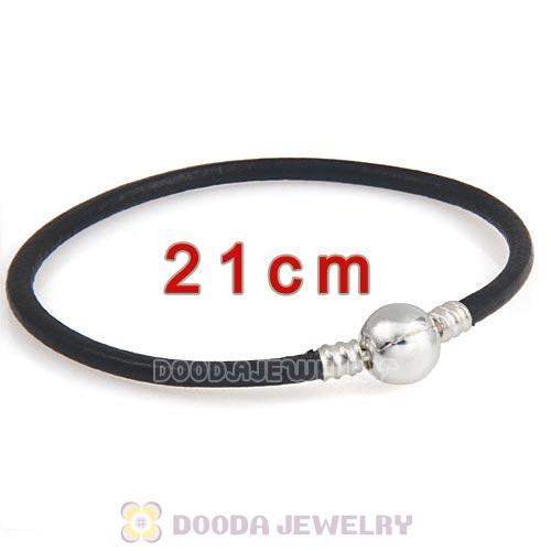 21cm Black Slippy Leather Bracelet with Silver Round Clip fit European Beads