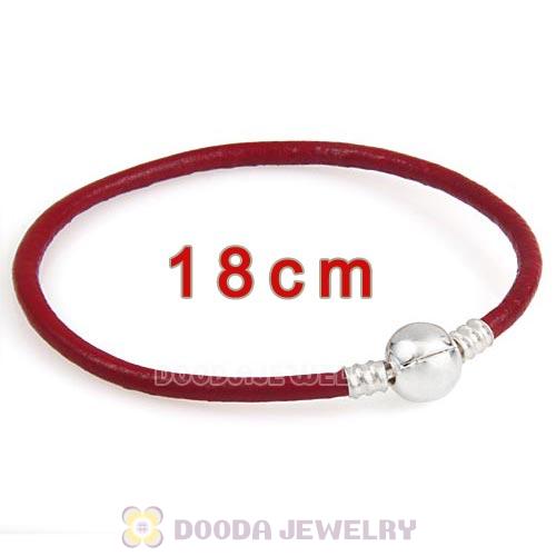 18cm Dark Red Slippy Leather Bracelet with Silver Round Clip fit European Beads