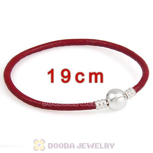 19cm Dark Red Slippy Leather Bracelet with Silver Round Clip fit European Beads
