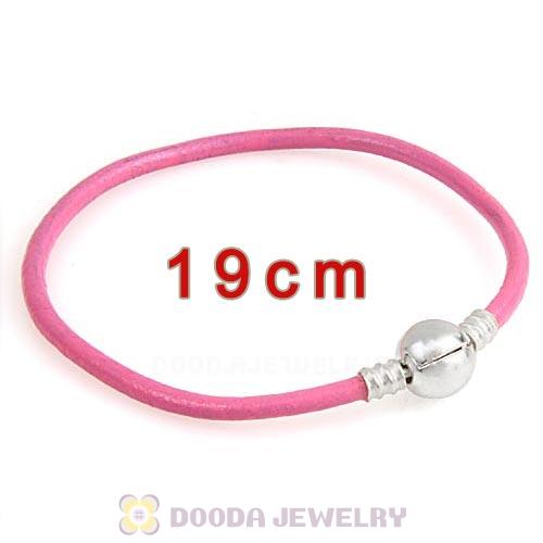 19cm Pink Slippy Leather Bracelet with Silver Round Clip fit European Beads