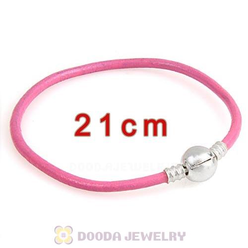 21cm Pink Slippy Leather Bracelet with Silver Round Clip fit European Beads