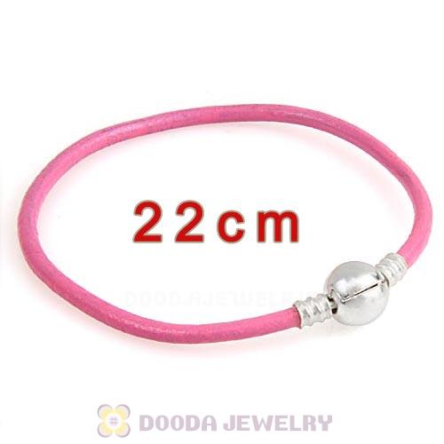 22cm Pink Slippy Leather Bracelet with Silver Round Clip fit European Beads