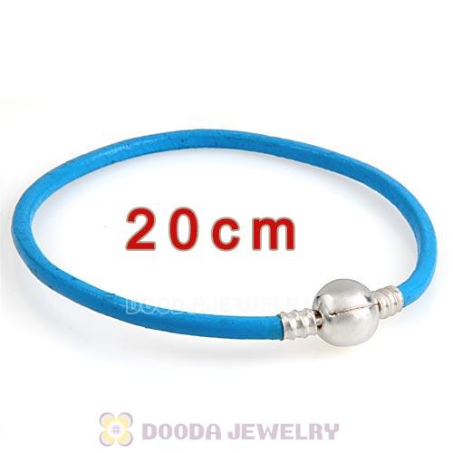 20cm Blue Slippy Leather Bracelet with Silver Round Clip fit European Beads