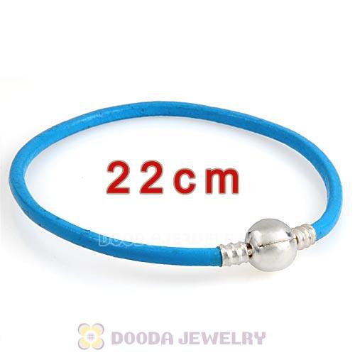22cm Blue Slippy Leather Bracelet with Silver Round Clip fit European Beads