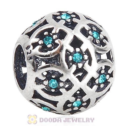 Sterling Silver Intricate Lattice Bead with Blue Zircon Austrian Crystal