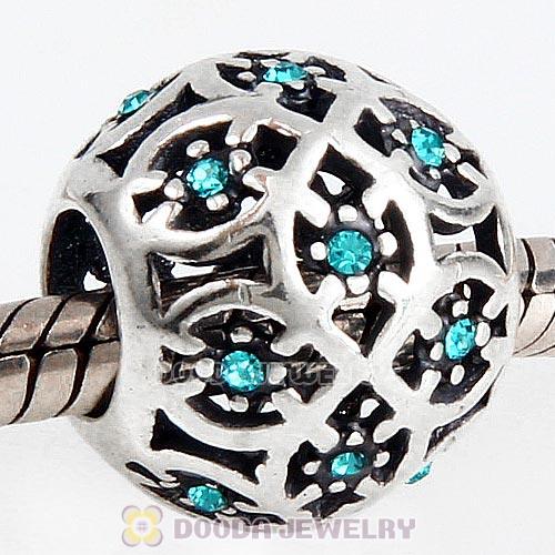 Sterling Silver Intricate Lattice Bead with Blue Zircon Austrian Crystal
