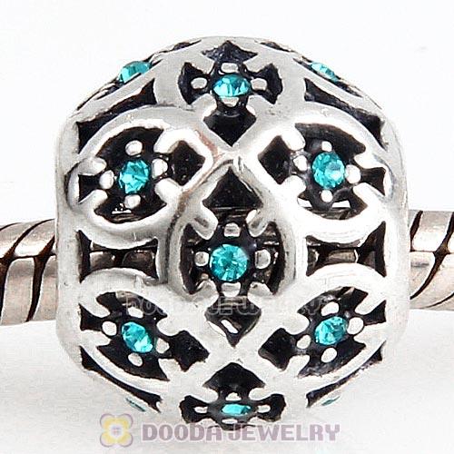 Sterling Silver Intricate Lattice Bead with Blue Zircon Austrian Crystal
