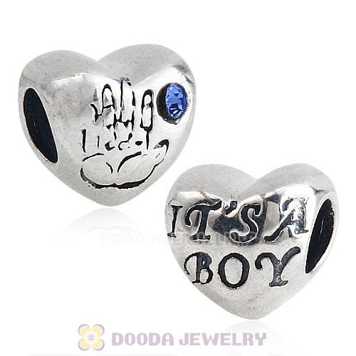 Antique Sterling Silver IT IS A BOY Heart Beads with Sapphire Austrian Crystal