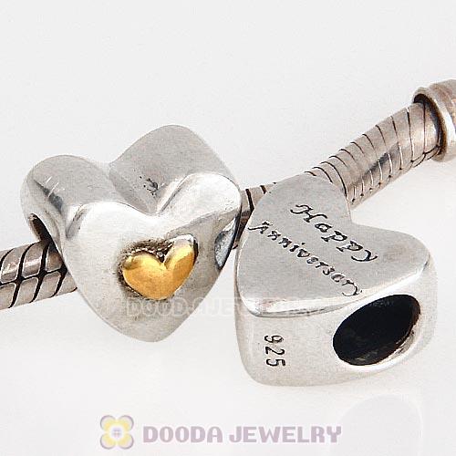Sterling Silver Happy Anniversary Gold Plated Heart Charm Beads