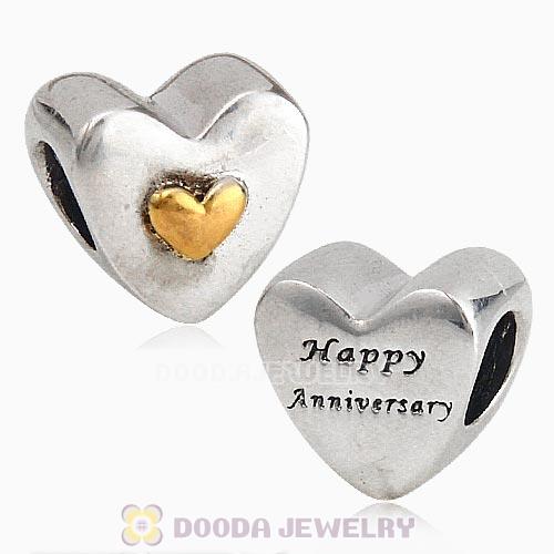 Sterling Silver Happy Anniversary Gold Plated Heart Charm Beads