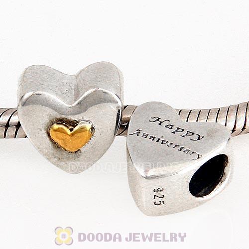 Sterling Silver Happy Anniversary Gold Plated Heart Charm Beads