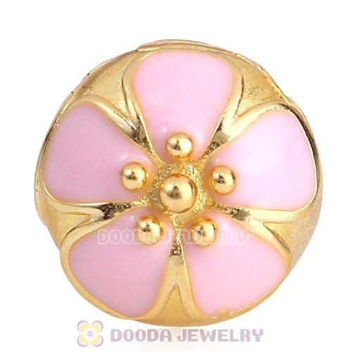 Gold Plated Sterling Silver Cherry Blossom Pink Enamel Clip Beads 