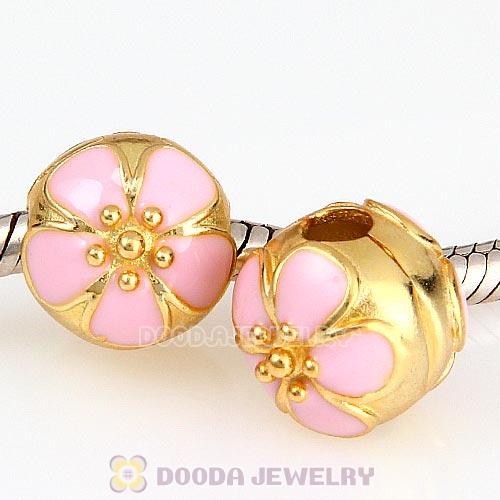 Gold Plated Sterling Silver Cherry Blossom Pink Enamel Clip Beads 