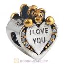 Sterling Silver Gold Plated I Love You Heart Care Bear Beads with CZ Stone