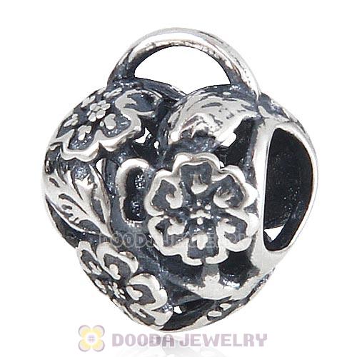 Antique Sterling Silver Floral Heart Padlock Charm Beads European Style