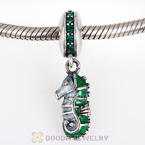 Sterling Silver Dangle Tropical Seahorse with Emerald Austrian Crystal Charm