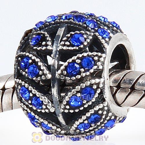 Sterling Silver Sparkling Leaves Bead with Sapphire Austrian Crystal