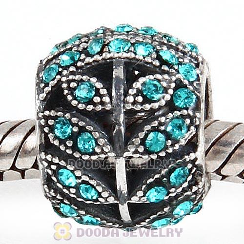 Sterling Silver Sparkling Leaves Bead with Blue Zircon Austrian Crystal