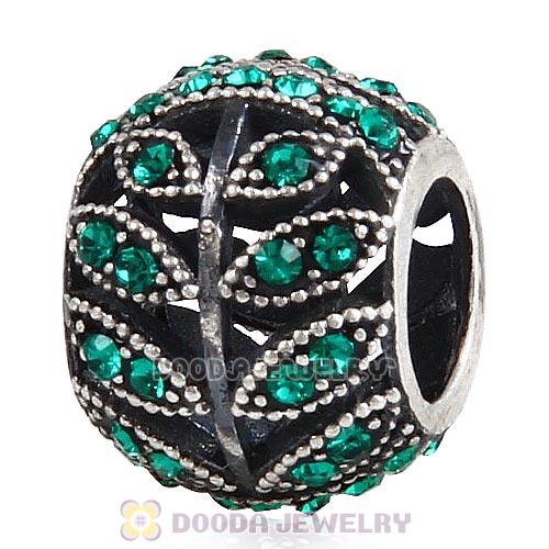 Sterling Silver Sparkling Leaves Bead with Emerald Austrian Crystal