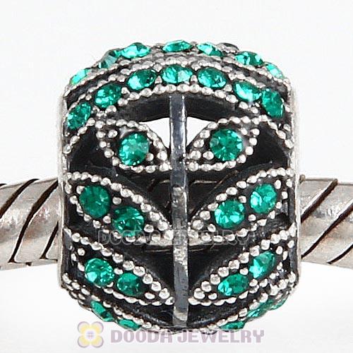 Sterling Silver Sparkling Leaves Bead with Emerald Austrian Crystal