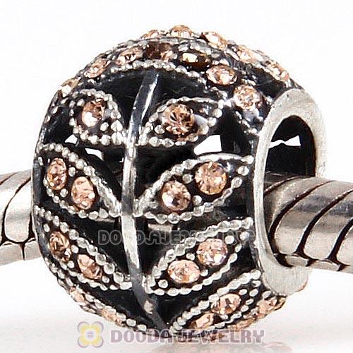 Sterling Silver Sparkling Leaves Bead with Light Peach Austrian Crystal