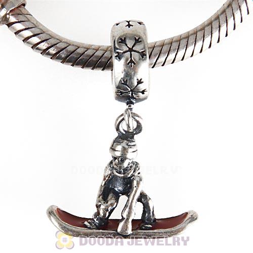 European Style Sterling Silver Dangle Snowboarder with Red Enamel Charm Beads
