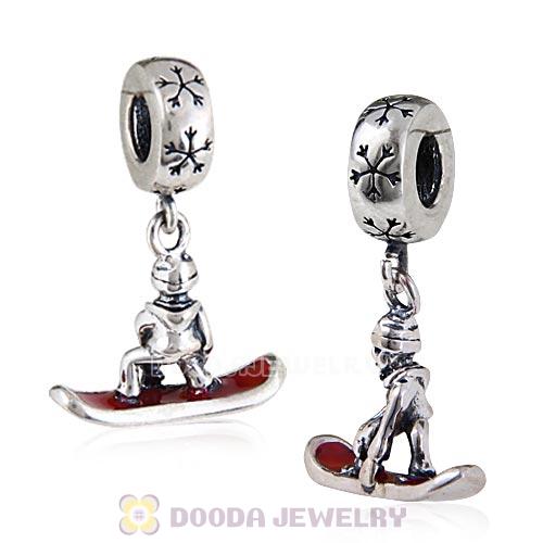 European Style Sterling Silver Dangle Snowboarder with Red Enamel Charm Beads