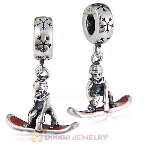 European Style Sterling Silver Dangle Snowboarder with Red Enamel Charm Beads