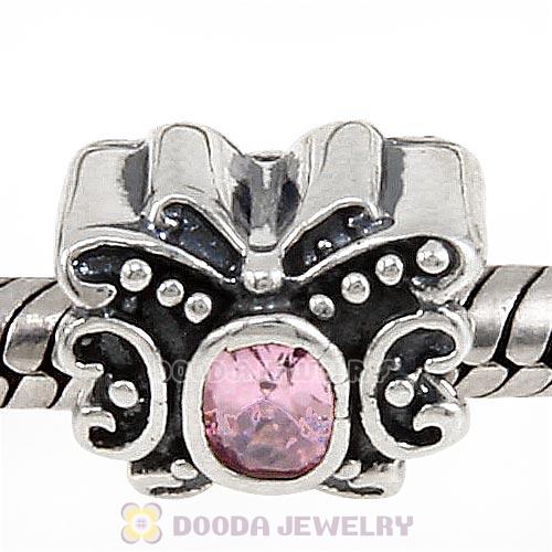 Antique Sterling Silver Butterfly Charm Beads with Pink CZ Stone