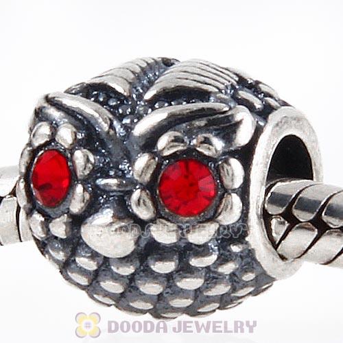 Sterling Silver Wise Owl Charm Beads with Light Siam Austrian Crystal