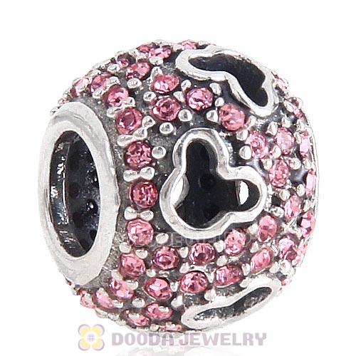 European Sterling Silver Mickey Head Charm Pave With Light Rose Austrian Crystal