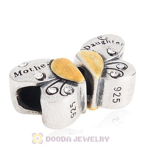 Sterling Silver Mother Daughter Butterfly Beads with Clear Austrian Crystal
