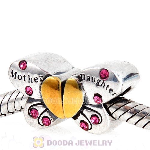 Sterling Silver Mother Daughter Butterfly Beads with Rose Austrian Crystal