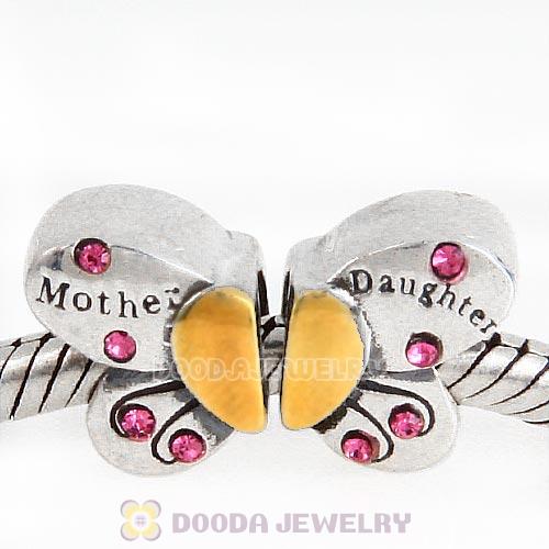 Sterling Silver Mother Daughter Butterfly Beads with Rose Austrian Crystal